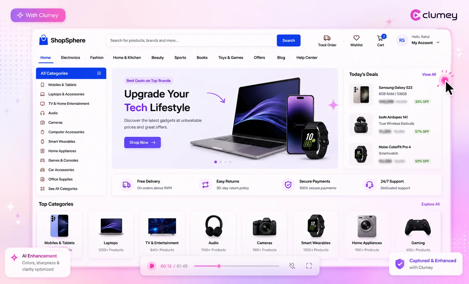 The same product screen polished by Clumey with AI narration, captions and interactive controls