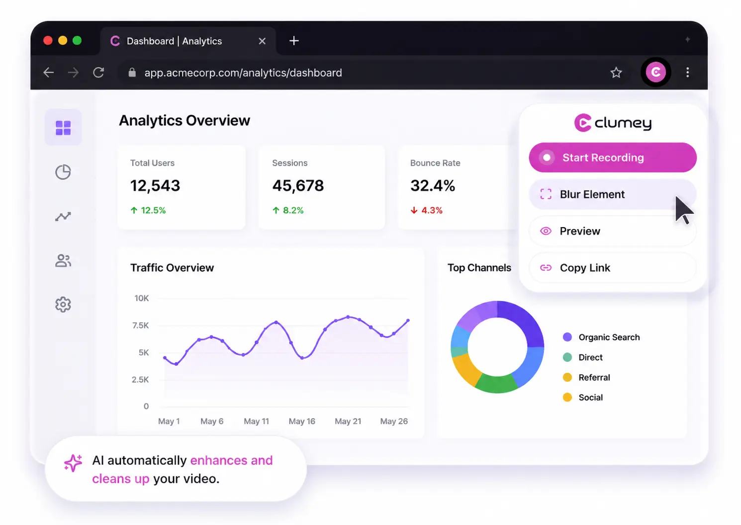 Clumey Chrome extension recording a browser workflow, with Start Recording, Blur Element, Preview and Copy Link controls